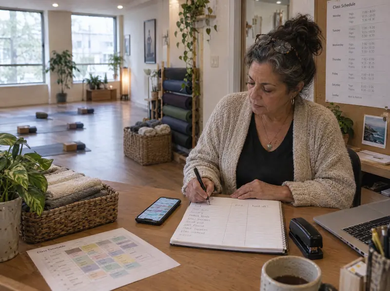 A studio owner lists tasks to hand off in a notebook at her desk.