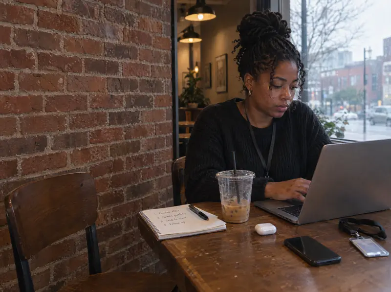 A woman drafts a one-page offer on her laptop in a coffee shop.