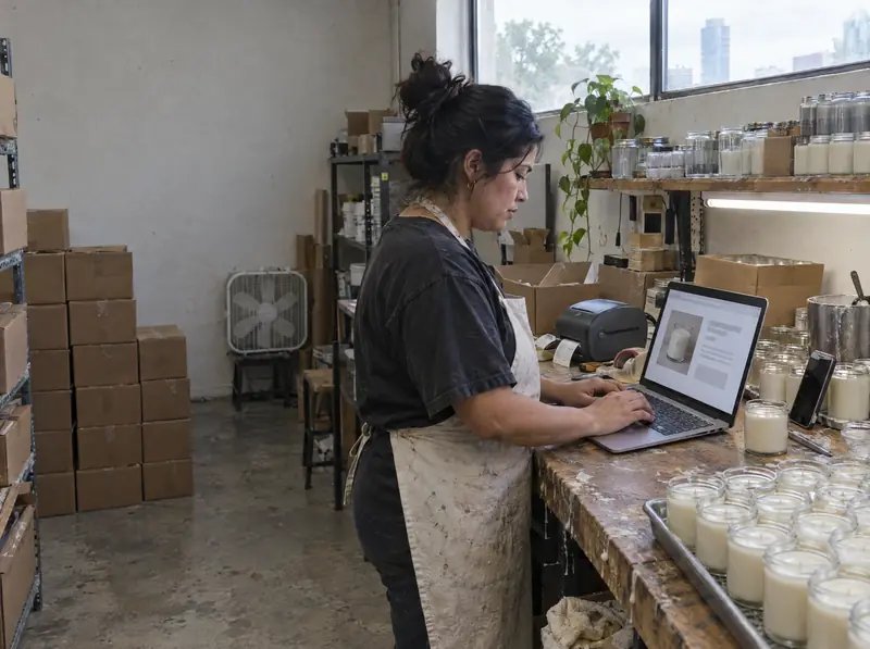 A candle maker drafts a sales page on her laptop between shipping boxes.