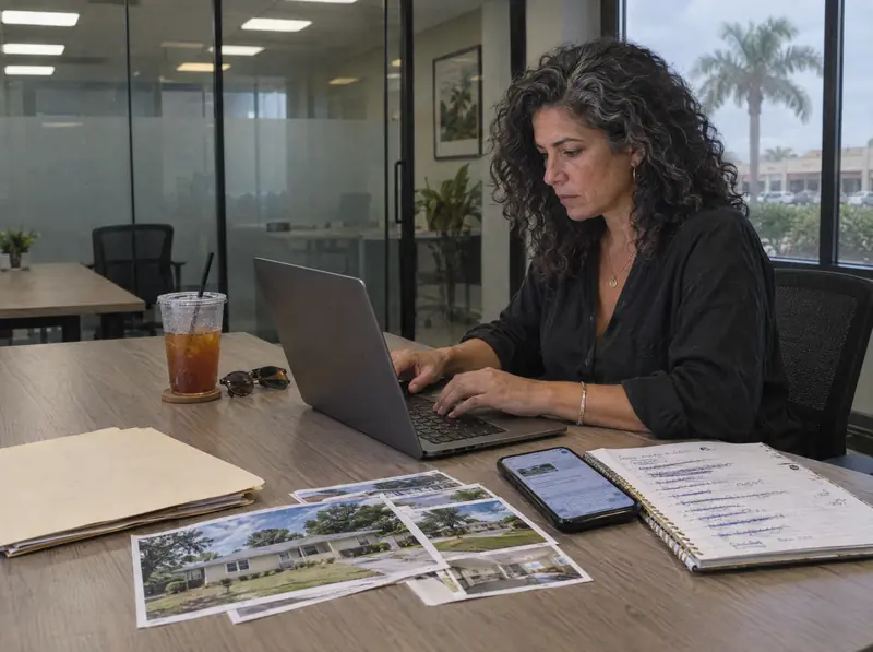 A real estate agent writes a listing description with printed house photos beside her.