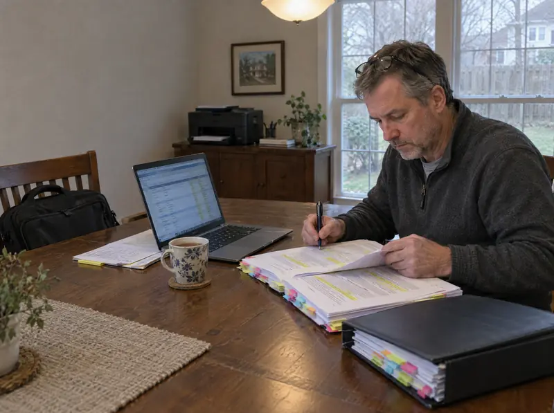 A man works through a tabbed, highlighted proposal at his dining table.