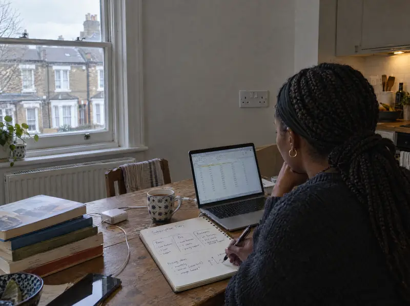 A founder sketches pricing tiers beside a spreadsheet at her flat's kitchen table.