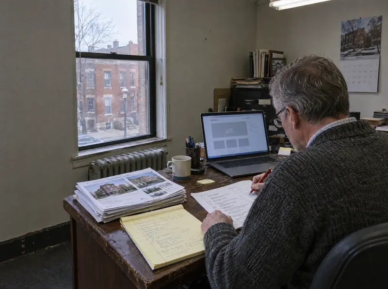 A man marks up a printed checklist with a red pen beside his laptop.