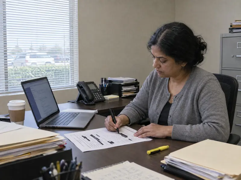 A woman crosses out client names on a printed form beside her laptop.
