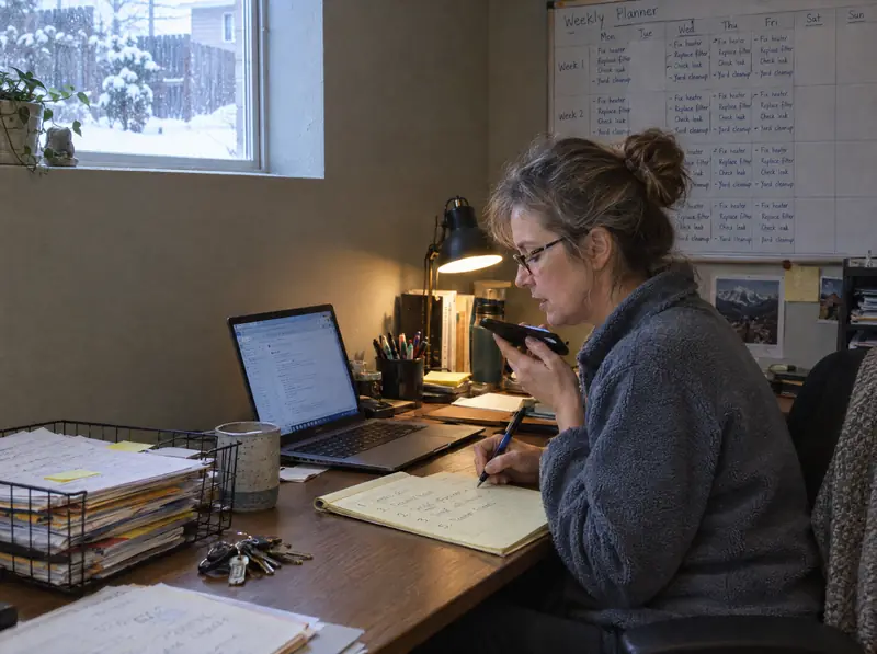 A woman in a basement office records a task's steps into her phone.