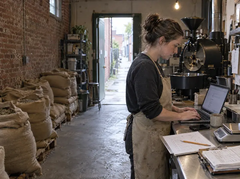 A coffee roaster owner ticks off a setup checklist beside her laptop.