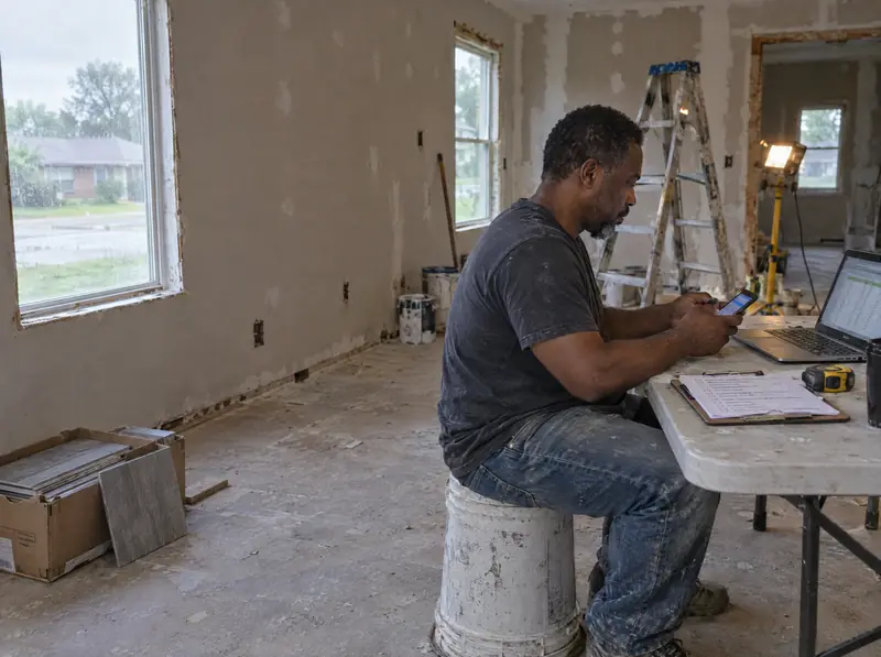 A man types a text at a folding table in a half-renovated house.