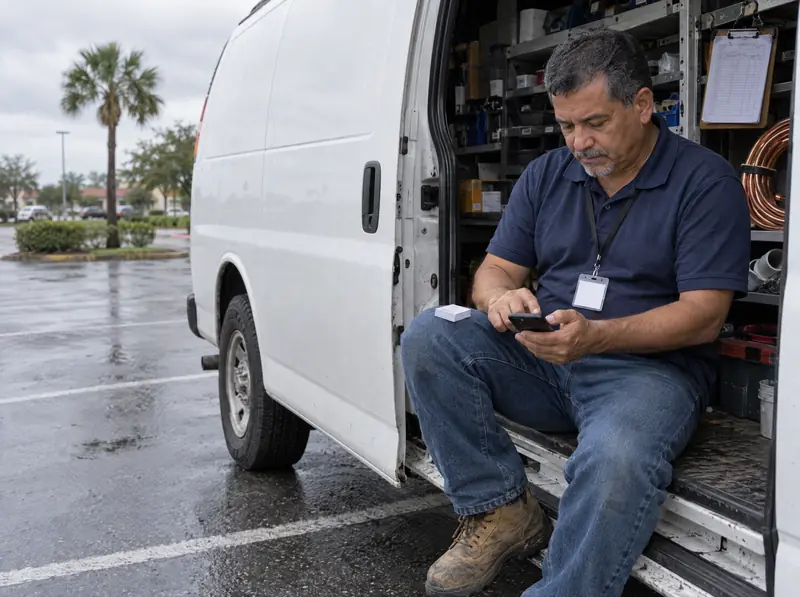 A man sits in his work van's open door, typing a follow-up message.