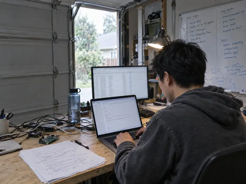 A man in a garage office writes outreach emails on his laptop.