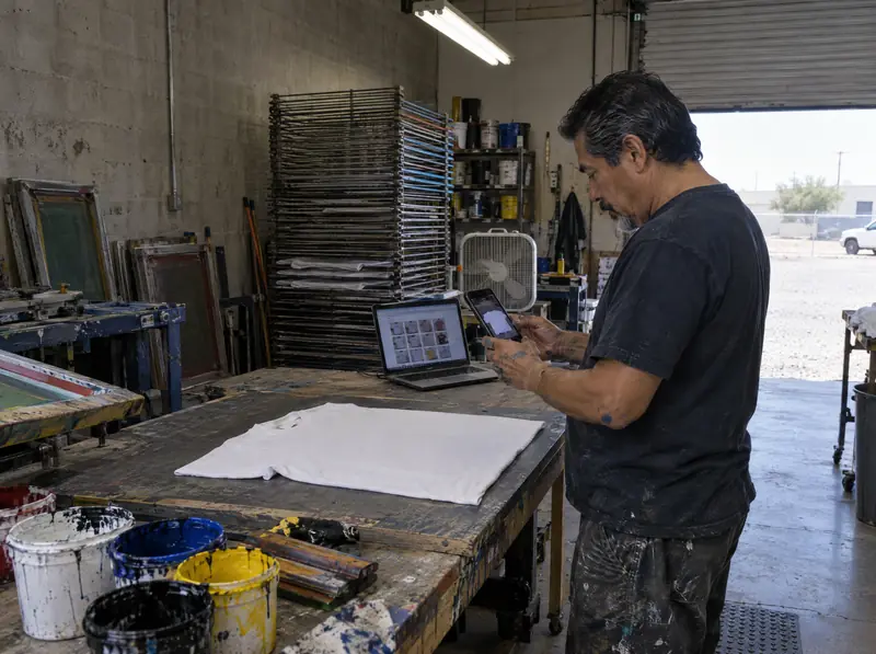 A man photographs a freshly printed T-shirt with his phone in his print shop.