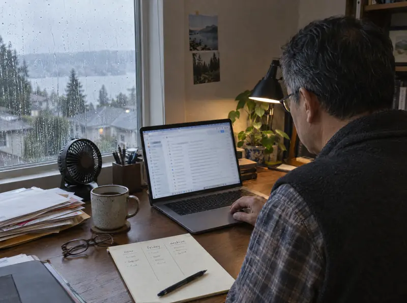 A man sorts a crowded email inbox at his desk on a rainy morning.