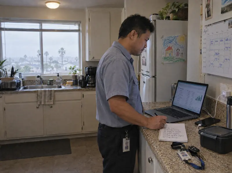 A man checks a spreadsheet on his laptop in his kitchen before work.